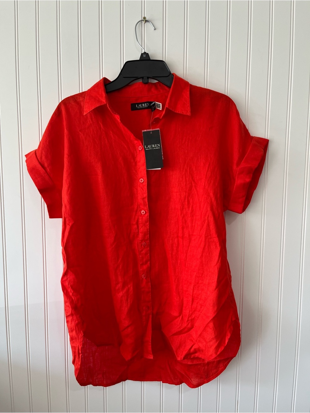 Lauren Ralph Lauren Bright Orange Short-Sleeve Linen Button-Up - Picture 4 of 5